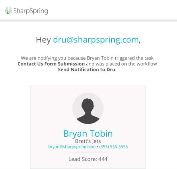 An example of an automation follow up after a form submission. This highlights how a new contact record is created in SharpSpring and includes their Lead Score. 